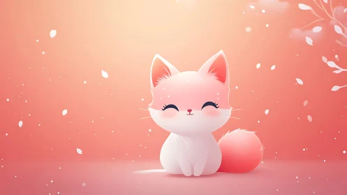 Sweet pastel fox kitten smiling in a soft pink daydream.
