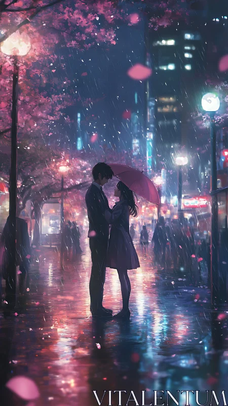Lovers stand beneath neon rain as cherry blossoms drift by