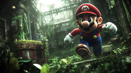 Mario dashes through a lush overgrown ruin in vivid 3D