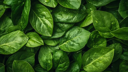 Fresh green spinach leaves glowing with gentle morning dew.