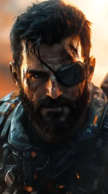 Battle-worn soldier with eyepatch in dramatic close-up portrait.