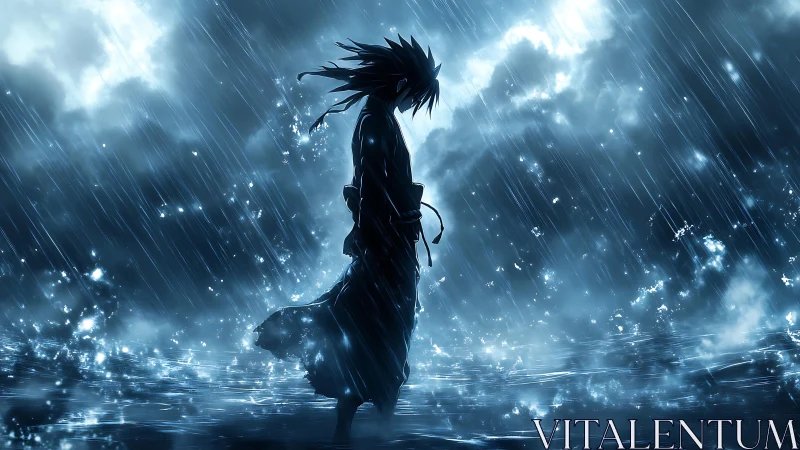 Silhouetted warrior stands in heavy rain over reflective water