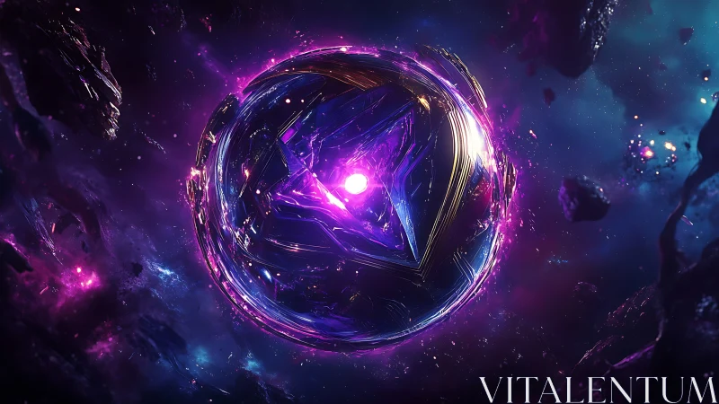 Luminous crystalline sphere suspended in deep space field.