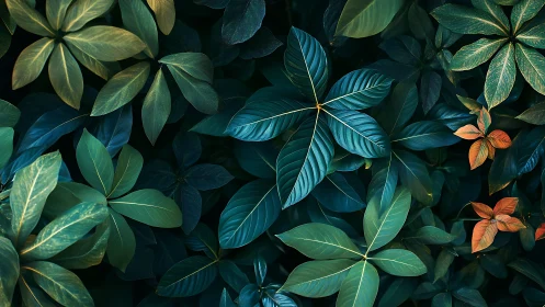 Layered tropical foliage forms a chromatic botanical field