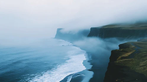 Fog-shrouded sea cliffs rise above cold Atlantic shoreline