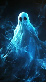 Luminous blue ghost drifts through swirling spectral smoke.