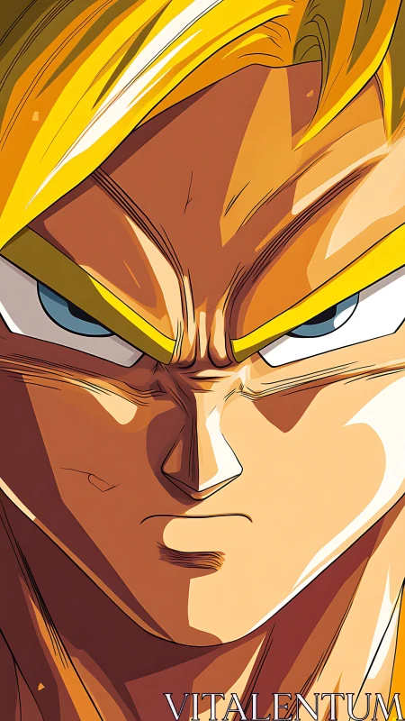 Close frontal view of blond anime warrior character face.