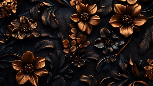 Copper-gilded floral relief on dark textured background surface