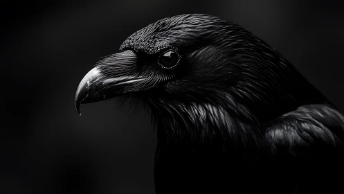 Profile study of a black corvid against dark background.