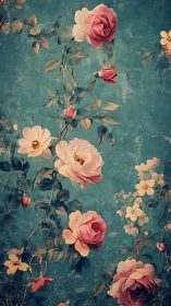Vintage floral wallpaper with pink roses on distressed teal field
