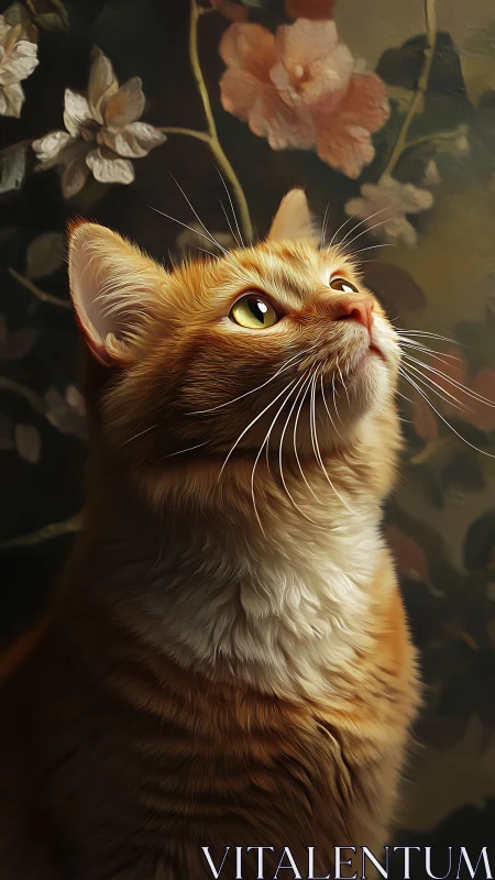 Ginger Cat Gazing Upward Among Floral Blooms.