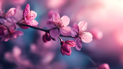 Pink Cherry Blossoms Branch with Soft Bokeh Background