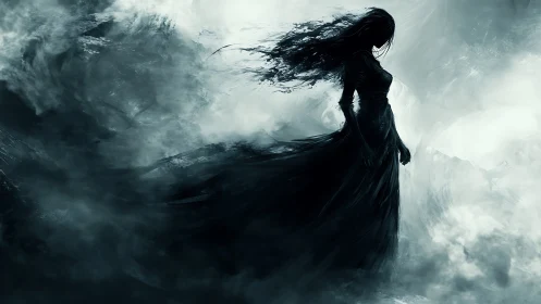 Shadowed woman emerges from storm-torn spectral mist.