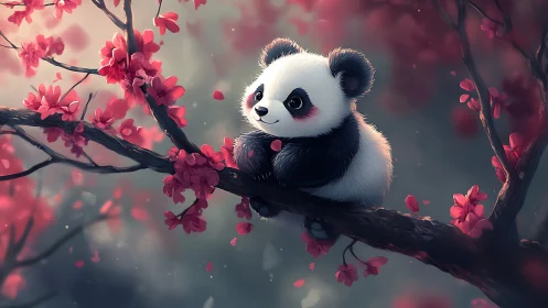 Softly lit chibi panda perched on cherry branch with bokeh petals