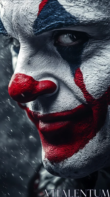 Storm-lit clown close-up with sly, mysterious half-smile.