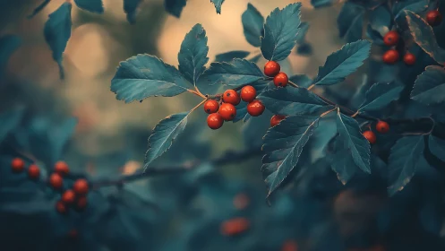 Red berries on dark green leaves in soft forest light.