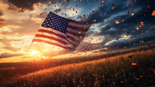 American flag over autumn field at dramatic sunset sky.