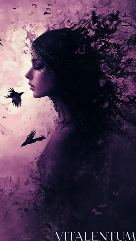 Profile of dark haired woman dissolving into ravens and smoke.