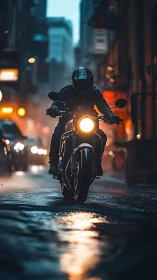 Midnight rider carves neon streaks through a rainy city