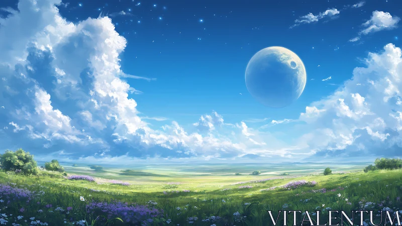Digital landscape depicts open meadow under large distant moon