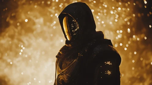 Armored hooded figure silhouetted against molten ember bokeh field