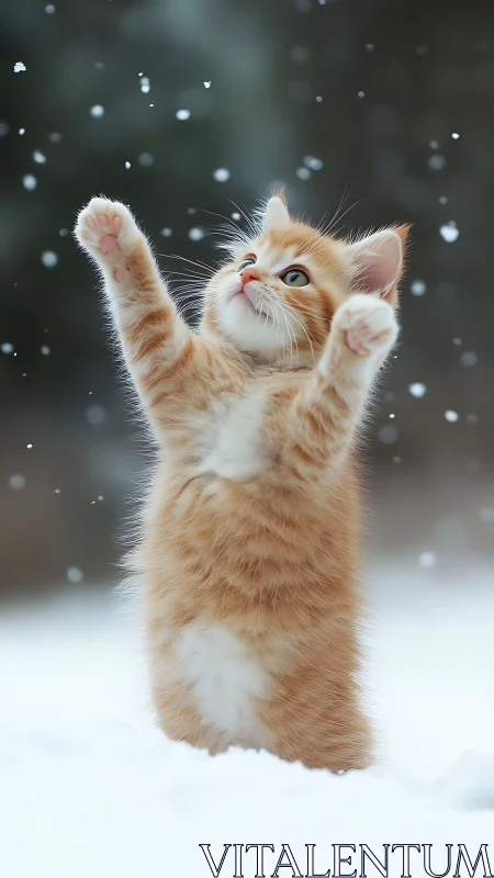 Orange kitten catching snowflakes with paws raised high.