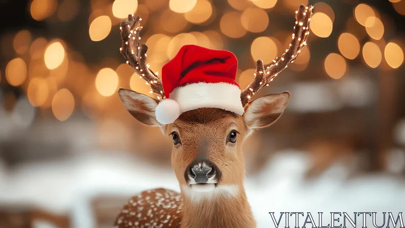 Festive reindeer portrait with Santa hat and bokeh lights.