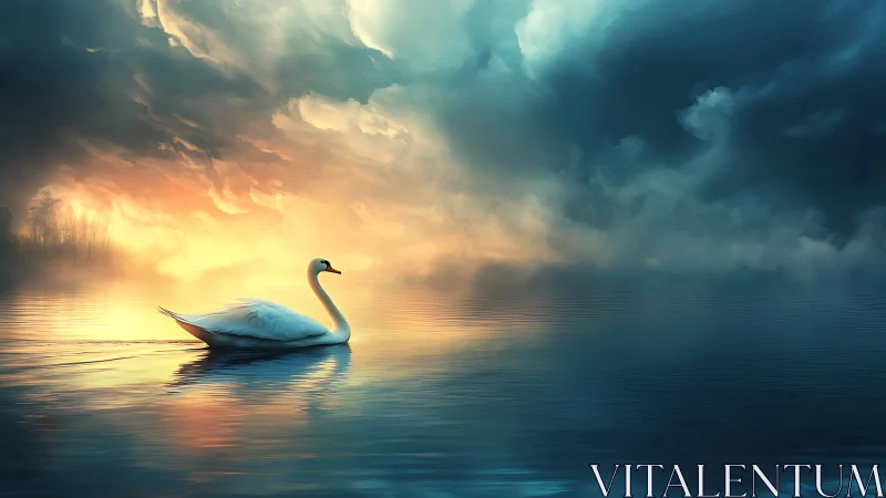 Solitary white swan on reflective lake under dense clouds.