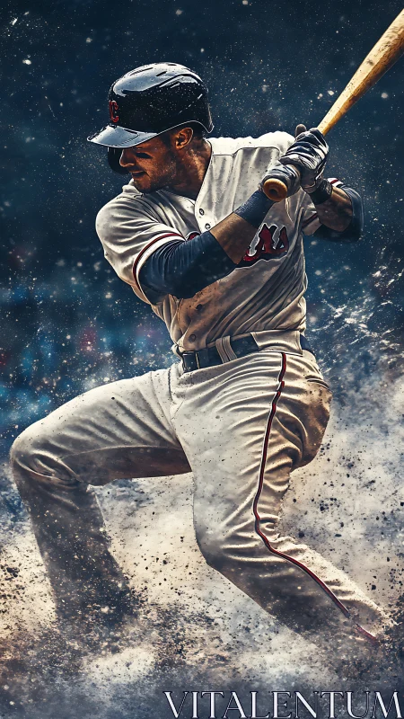 Baseball batter in mid swing with dramatic flying dirt effect.