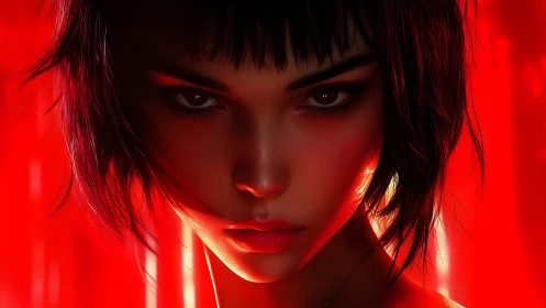 Smoldering portrait shares bold gaze in vivid red light