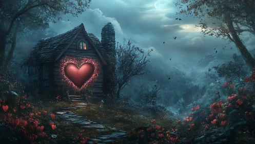 Forest Cottage with Illuminated Heart Motif.