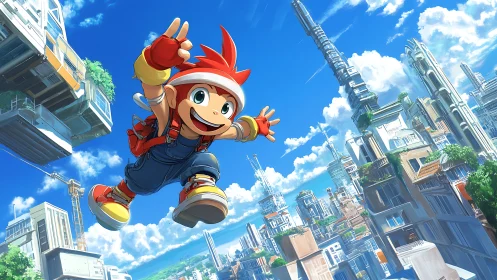 Anime parkour hero soaring above bright vertical cityscape.