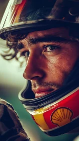 Photorealistic close-up of racing driver helmet profile portrait.