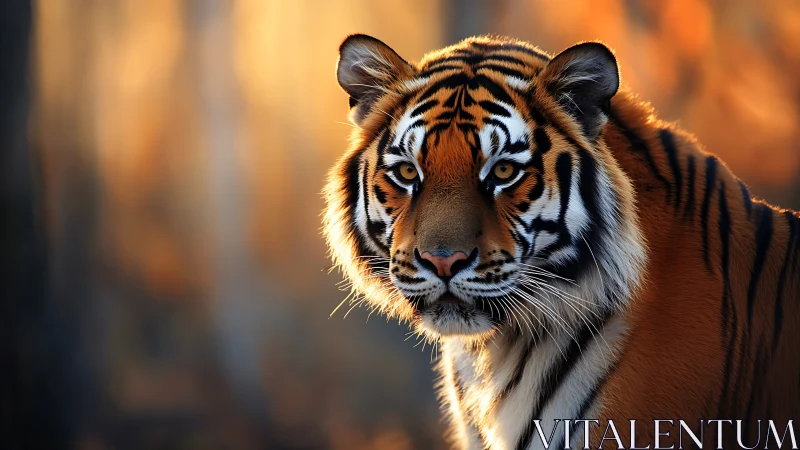 Tiger portrait in warm backlight with shallow depth of field.