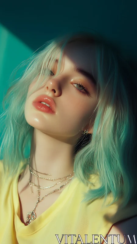 Cyan haired portrait under hard light renders glossy skin