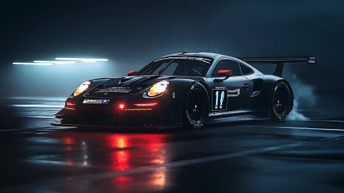 Sleek endurance race car glows on a wet night circuit.