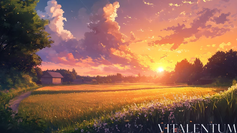 Digital painting sunset over rural wheat fields panorama.