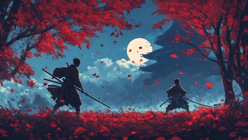 Moonlit samurai standoff amid crimson autumn leaves and lore.