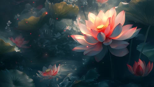 Illuminated Lotus Flowers in Darkened Water Environment.