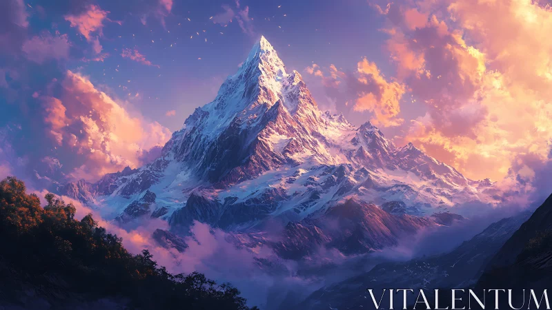 Luminescent alpine peak under radiant sunset clouds.