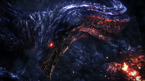 Obsidianscale dragon coils through embers under cold moonlight.