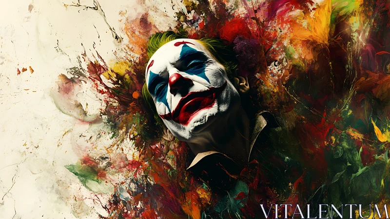 Clown face with smeared paint in dense abstract color field.