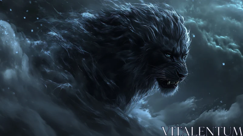 Stormlit lion spirit roaming through moonlit clouds.