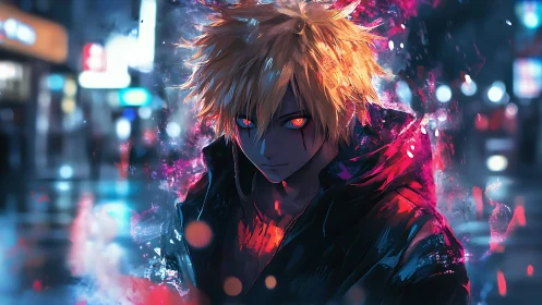 Brooding anime antihero glares through neon soaked night street