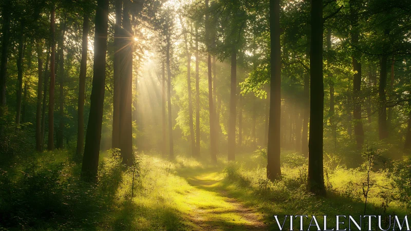 Serene sunlit forest path with golden morning light, realistic style.