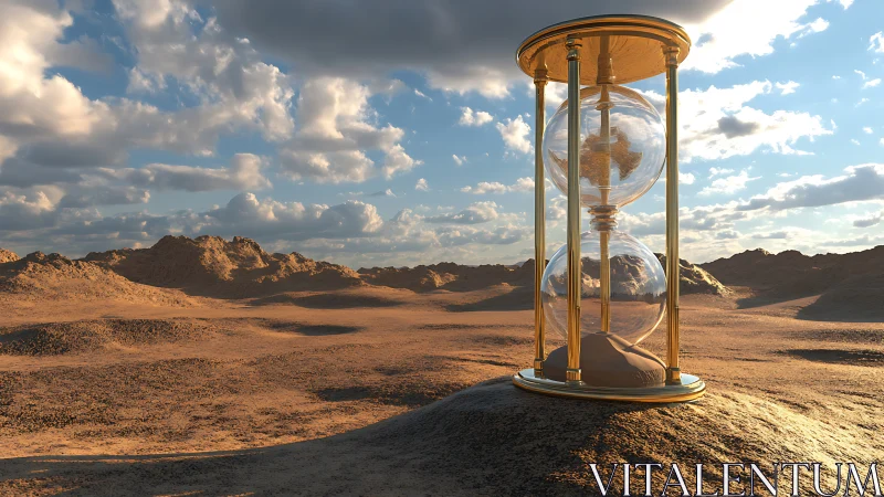 Monumental glass hourglass stands over arid desert plain at dusk