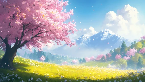 Cherry blossoms frame sunlit alpine meadow and peaks