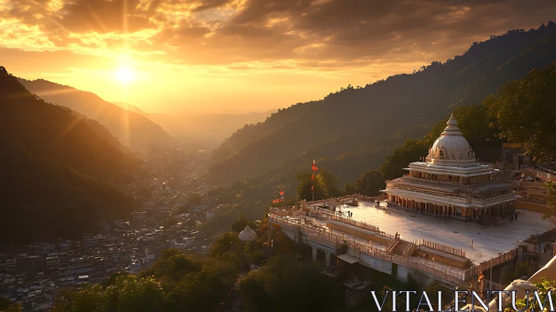 Sunset illuminates hilltop temple and valley settlement below
