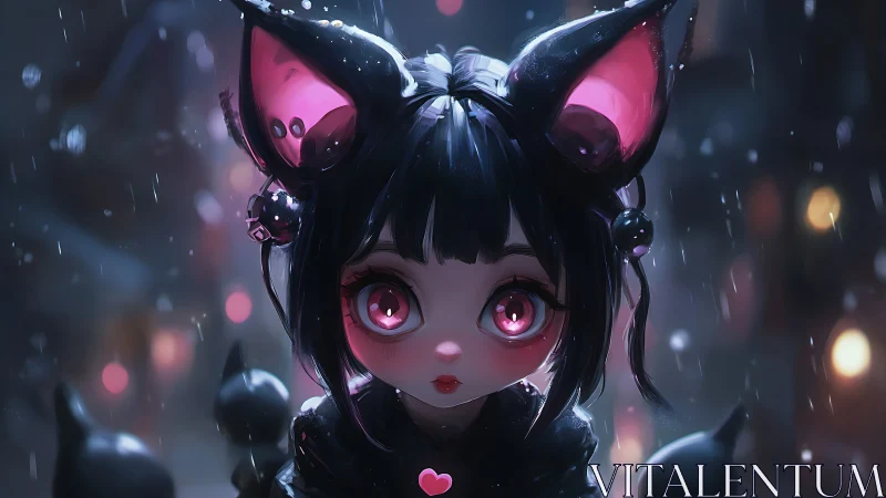 Big eyed anime cat girl in dark rainy night street scene.