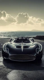 Sleek black roadster quietly waits beside the shining sea